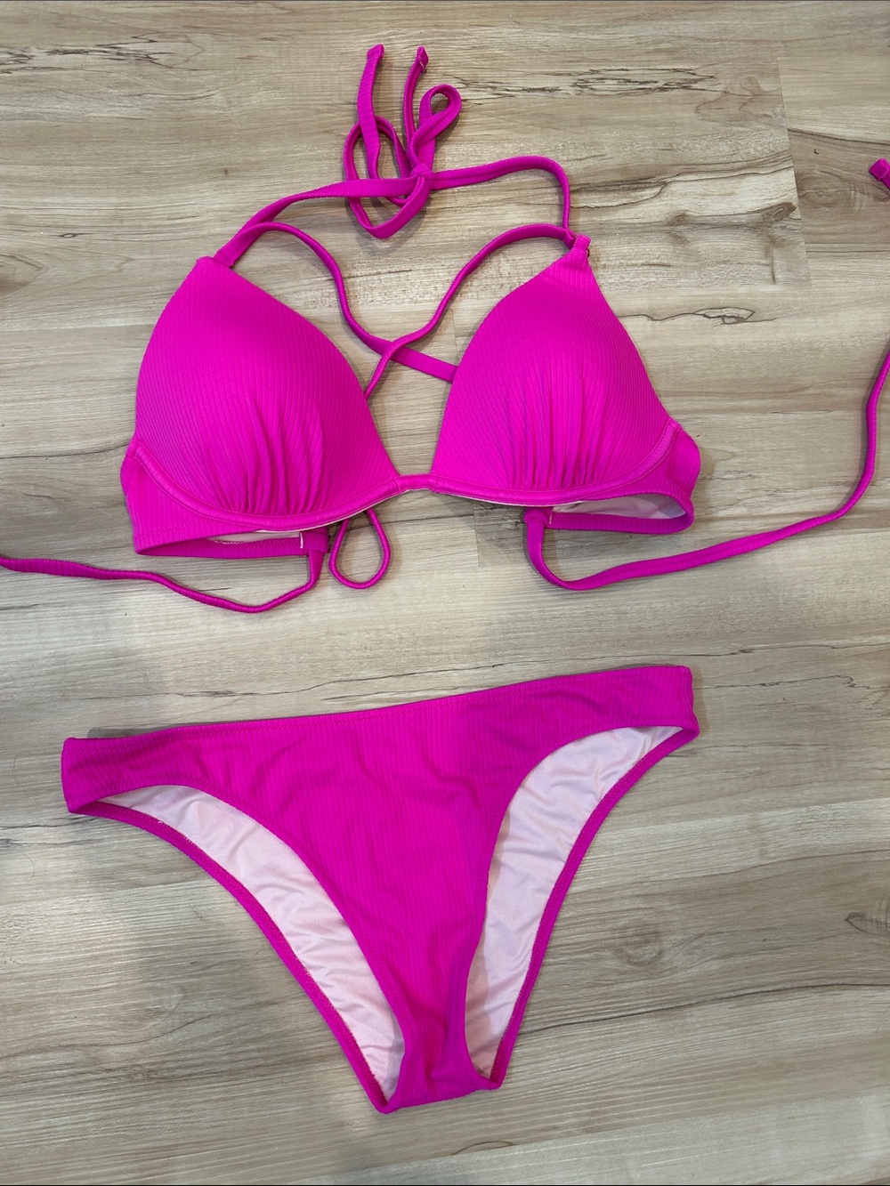 Women's Hot Pink Ribbed Triangle Bikini Set by Shade & Shore